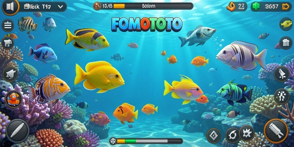Screenshot FOMOTOTO menunjukkan aksi tembak ikan yang seru dan penuh warna.