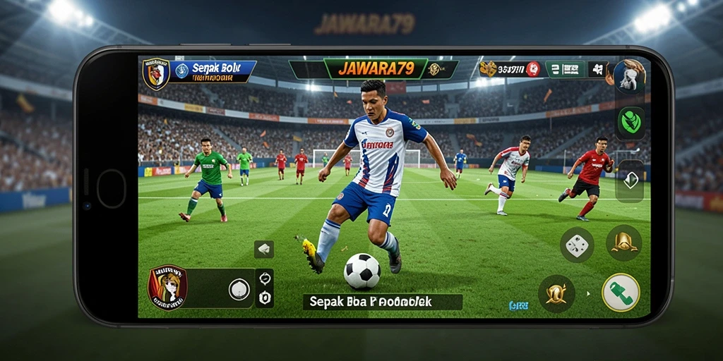 Tampilan gameplay menegangkan di JAWARA79 dengan aksi sepak bola yang seru.