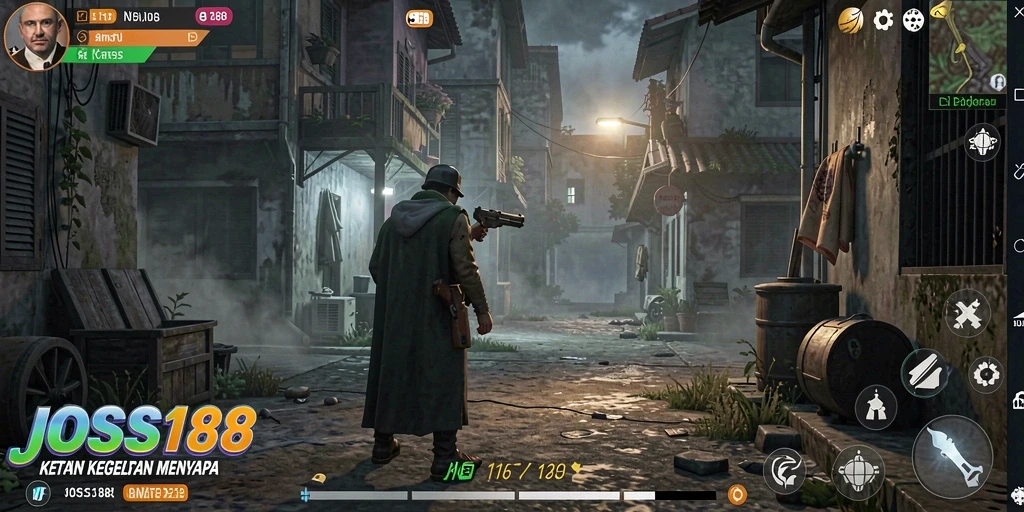 Tangkapan layar JOSS188 menampilkan suasana gelap dan mencekam dalam gameplay.
