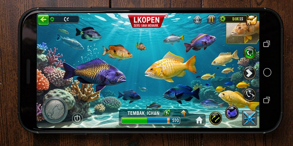 Tampilan gameplay LKOPEN yang seru dengan berbagai ikan untuk ditembak.