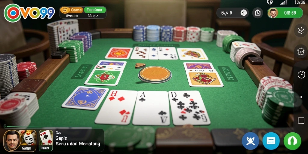 Screenshot utama gameplay OVO99 menampilkan pemain yang bersaing dalam Gaple.