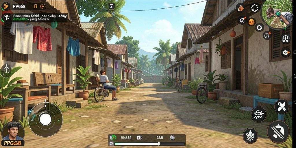 Screenshot utama PGG68 menunjukkan gameplay simulasi yang hidup.
