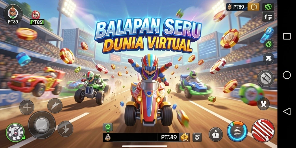 Screenshot PT89 menampilkan balapan seru di trek yang menantang.