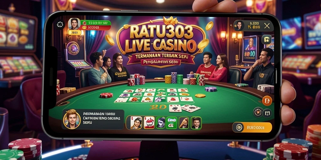 Screenshot gameplay RATU303 yang menampilkan dealer dan suasana kasino langsung.