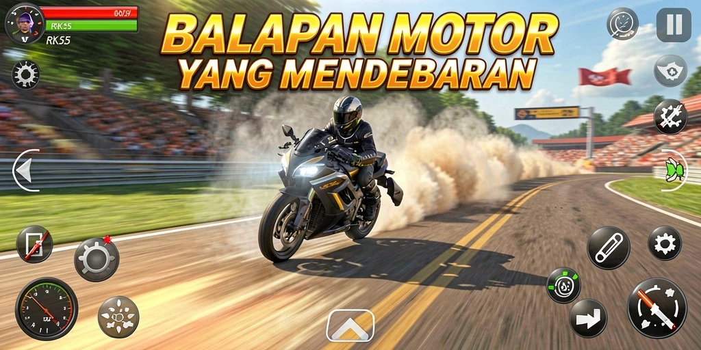 Screenshot gameplay RK55 menampilkan balapan motor yang seru dan menegangkan.