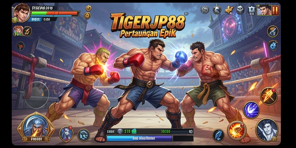 Screenshot utama TIGERJP88 menampilkan aksi bertarung yang mendebarkan.