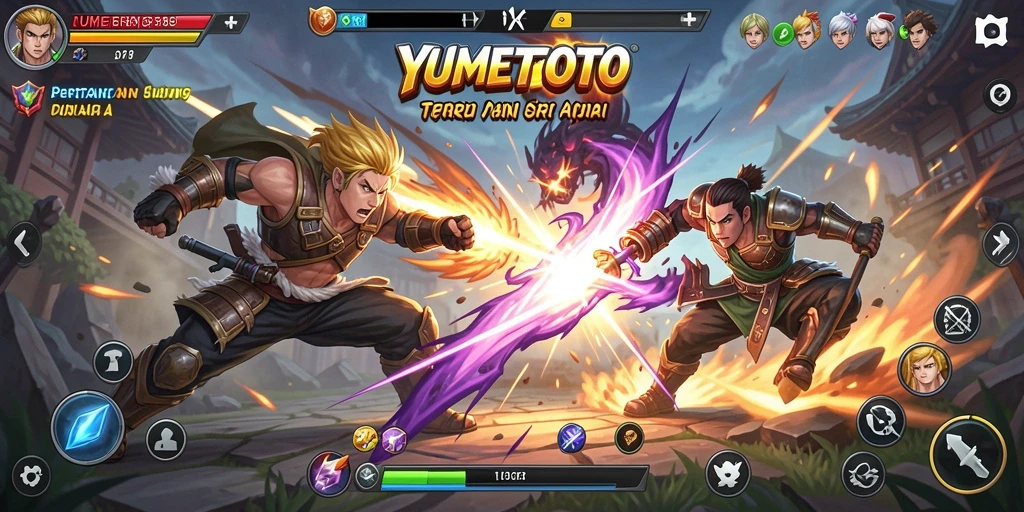 Tampilan aksi seru dalam YUMETOTO saat bertarung menghadapi lawan.