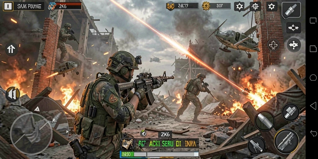 Screenshot gameplay <strong>ZK6</strong> menampilkan aksi mendebarkan di medan perang.